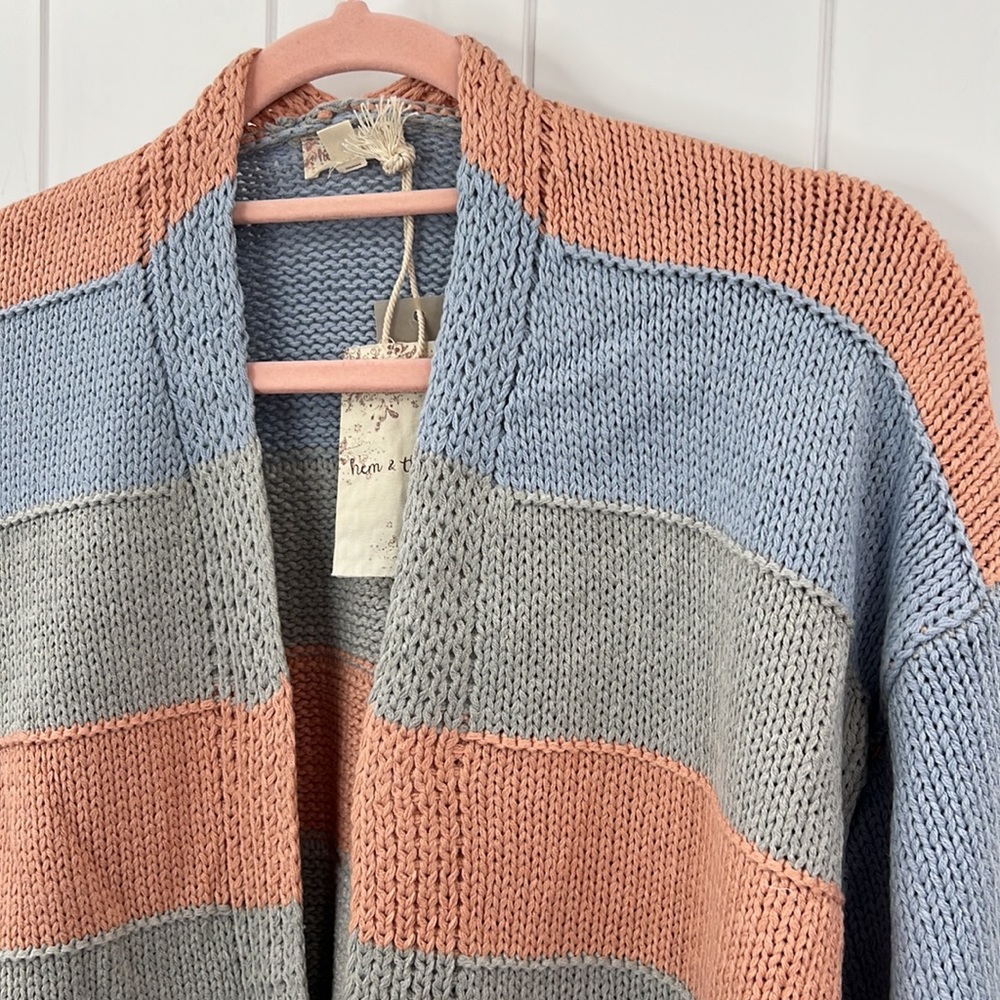 703. Hem & Thread Open Cardigan Sweater Color Block Stripe Cotton Blend New Item - Picture 10 of 12